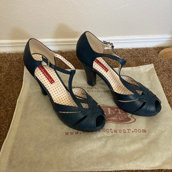 BAIT Footwear Lacey Sienna Navy Vintage Inspired Platform Heel Sandals Sz 10 - Picture 2 of 5